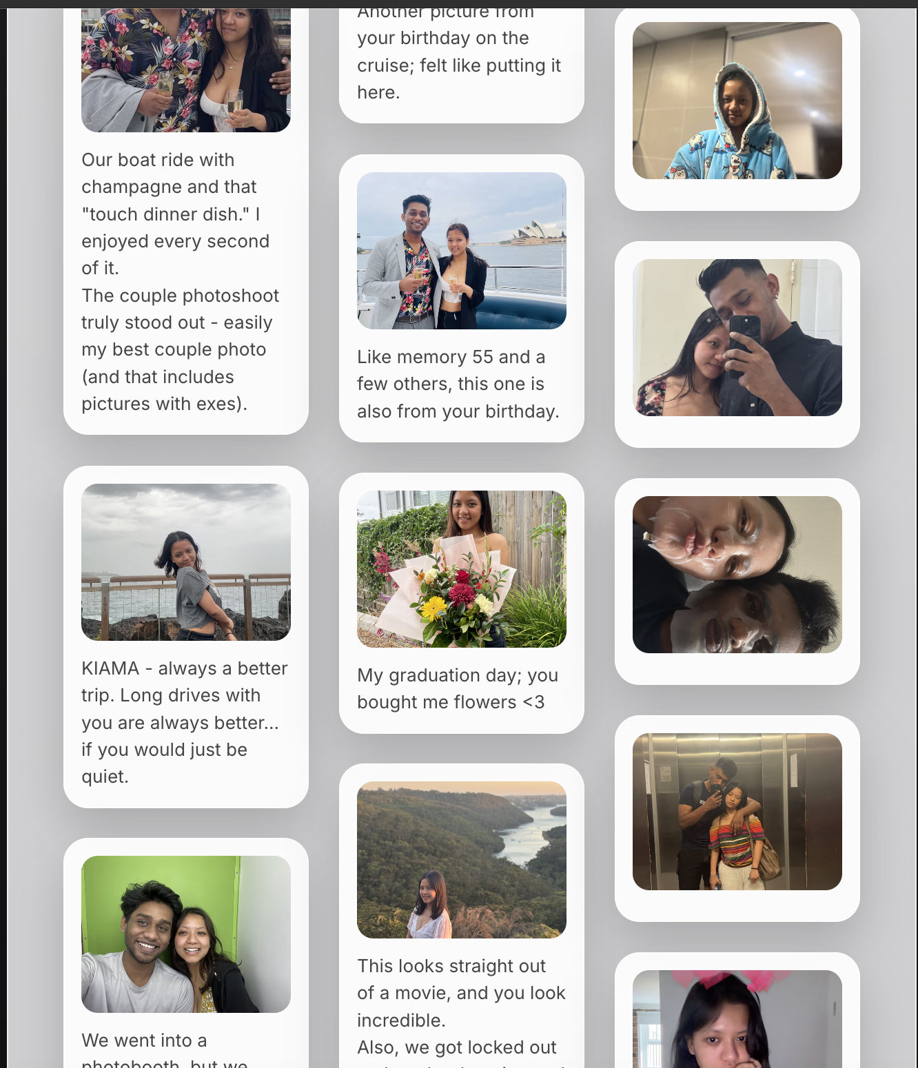 rirvalentine.netlify.app continued, showing more memories and photo cards