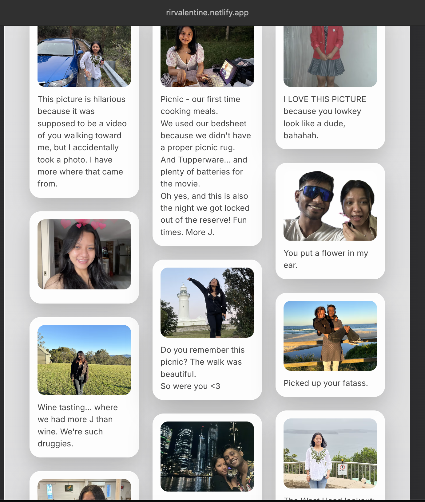 rirvalentine.netlify.app showing a Pinterest-style masonry photo grid with personal captions