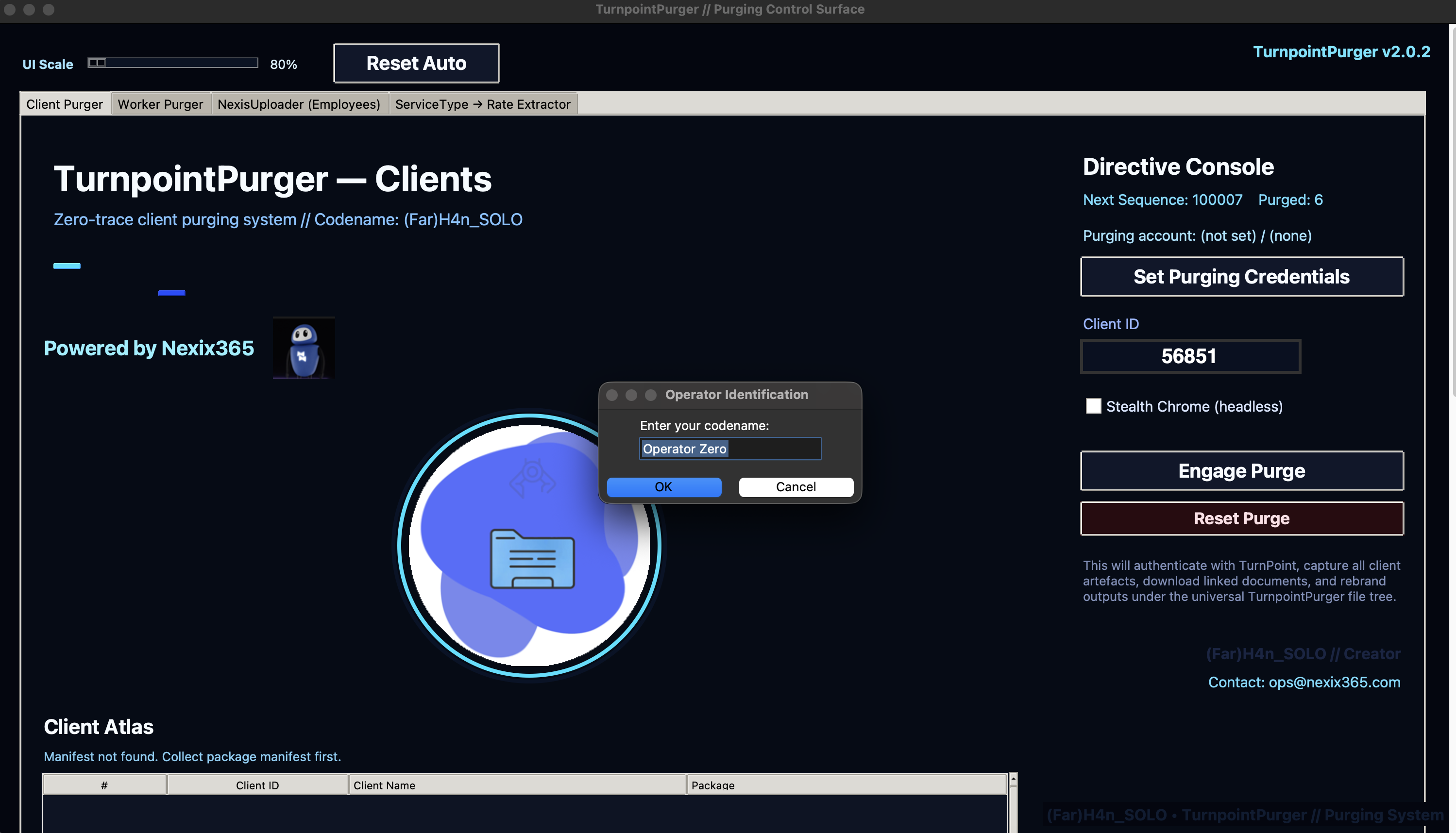 TurnpointPurger v2.0.2 Client Purging interface with Directive Console and stealth Chrome mode